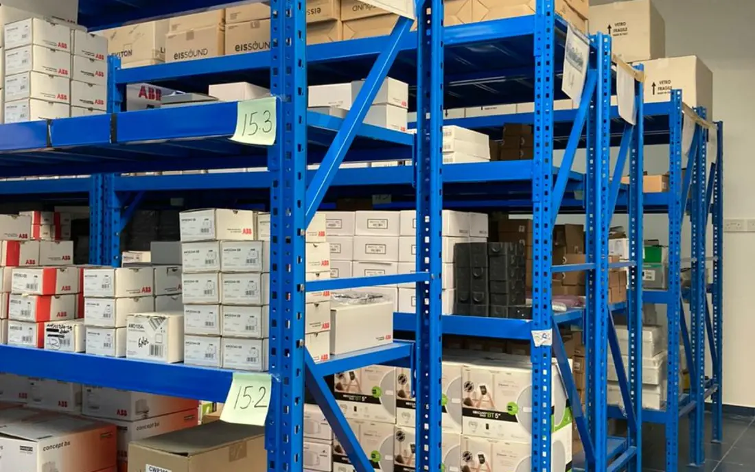 Principal-brand automation stock held on racking in the Mecamac warehouse in Muscat, Oman